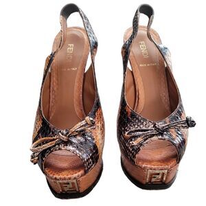 FENDI Brown Snakeskin Print Slingback Heels Sz 37 (7)